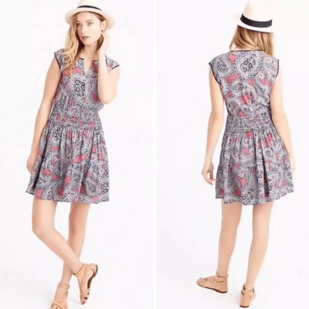 J. Crew Silk Smocked Waist Paisley Print Silk Sleeveless Dress Sz 8